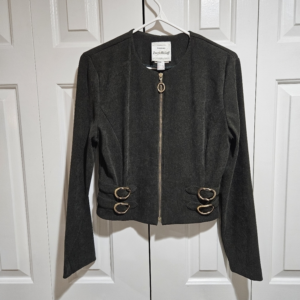 Joseph Ribkoff Green Zip Up Jacket with Gold Buckle Detail Size 8